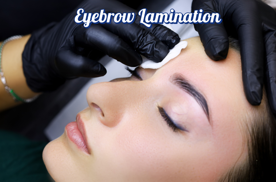 Professional eyebrow lamination at Beauty Box Salon, showing before and after results of fuller and more defined brows.